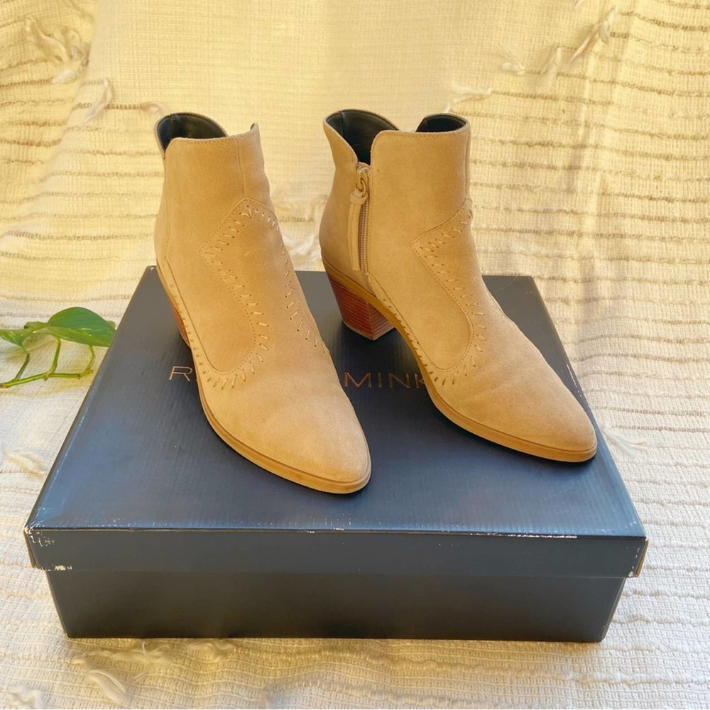 Rebecca Minkoff Lulu tan suede leather western heeled ankle bootie w/ box Sz 7.5